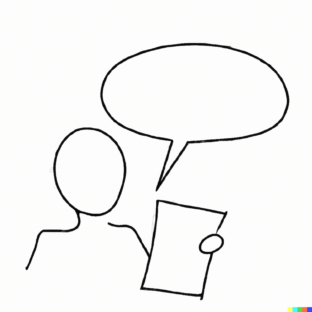 DALL·E 2023-07-12 12.05.03 - thin line illustration white background, showing someone speaking to words on a page